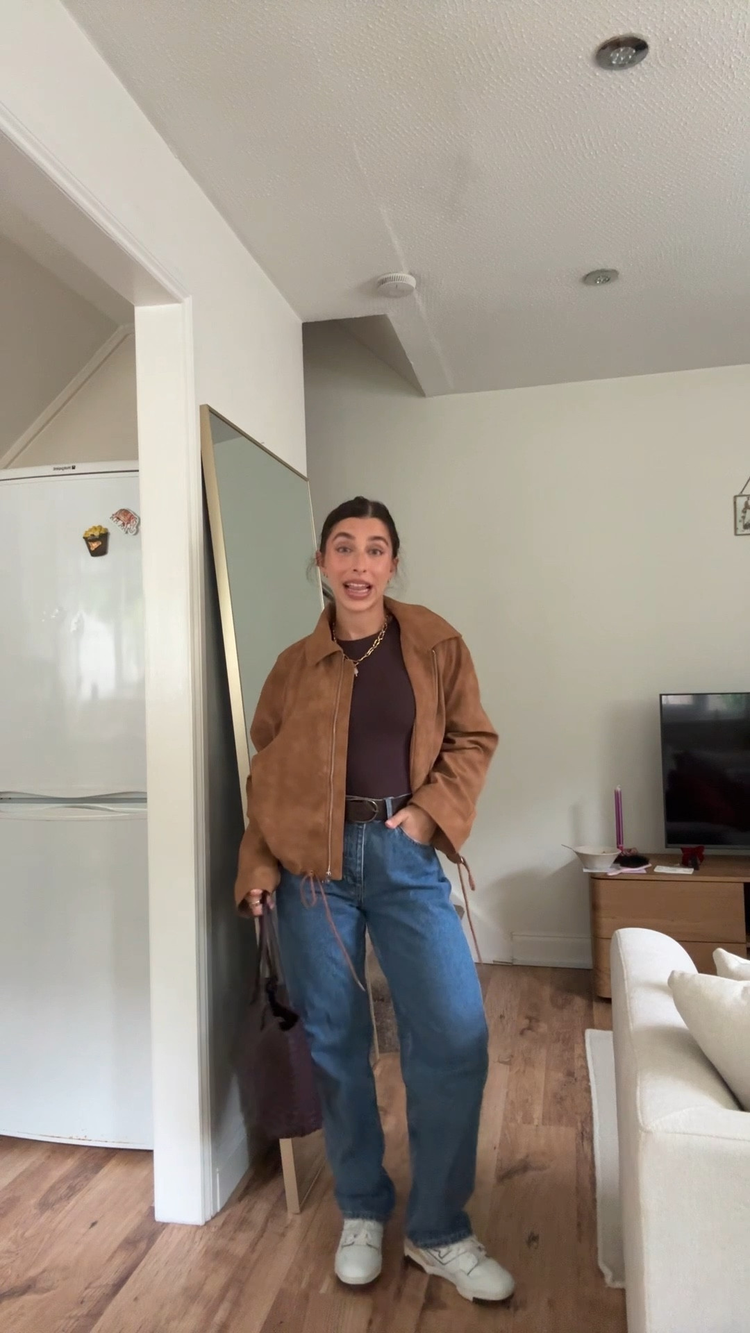 Autumn outfit, autumnal, transitional, petite, style, jeans, denim, faux suede, bodysuit, simple outfits, asos, Eseni, H&M, brown, brown tones, wardrobe, essentials, basics, bomber jacket, trainers

#LTKuk #LTKautumn #LTKpetite