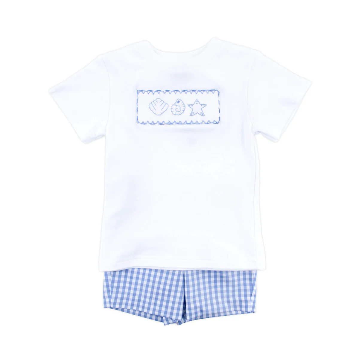 Seashells Smocked Blue Gingham Short Set | Classic Whimsy
