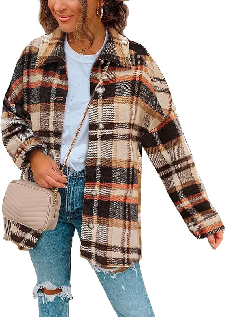 SHEWIN Womens Long Sleeve Plaid Shirts Flannel Lapel Button Down Shacket Jacket Coats | Amazon (US)