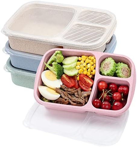 buluker 4 Pack Bento Lunch Box Set 3 Compartment Food Storage Containers Wheat Straw Meal Prep Lu... | Amazon (US)