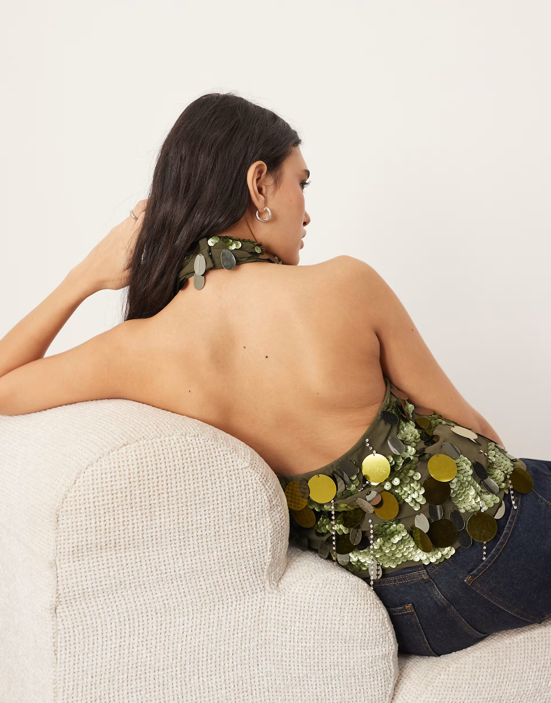 ARRANGE embellished sequin and fringe halter cowl neck top in dark khaki | ASOS | ASOS (Global)