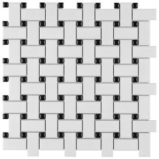 Merola Tile Metro Basketweave Matte White with Black Dot 11-3/4 in. x 11-3/4 in. Porcelain Mosaic... | The Home Depot