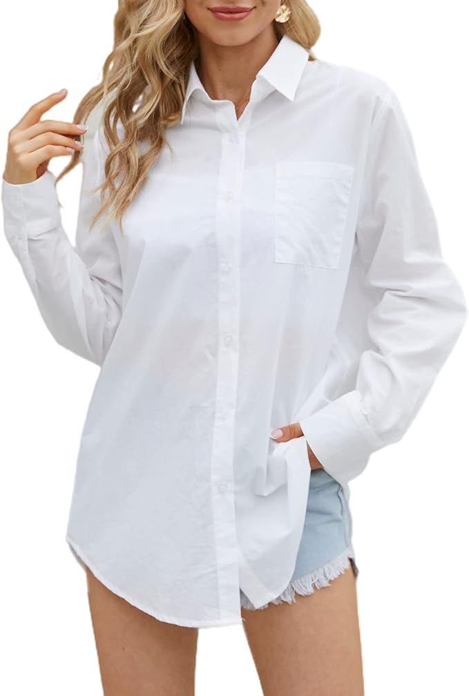 Oversized Blouse for Women Long Sleeve Button Down Dressy Shirt Tops Loose Fit(White, S) at Amazo... | Amazon (US)