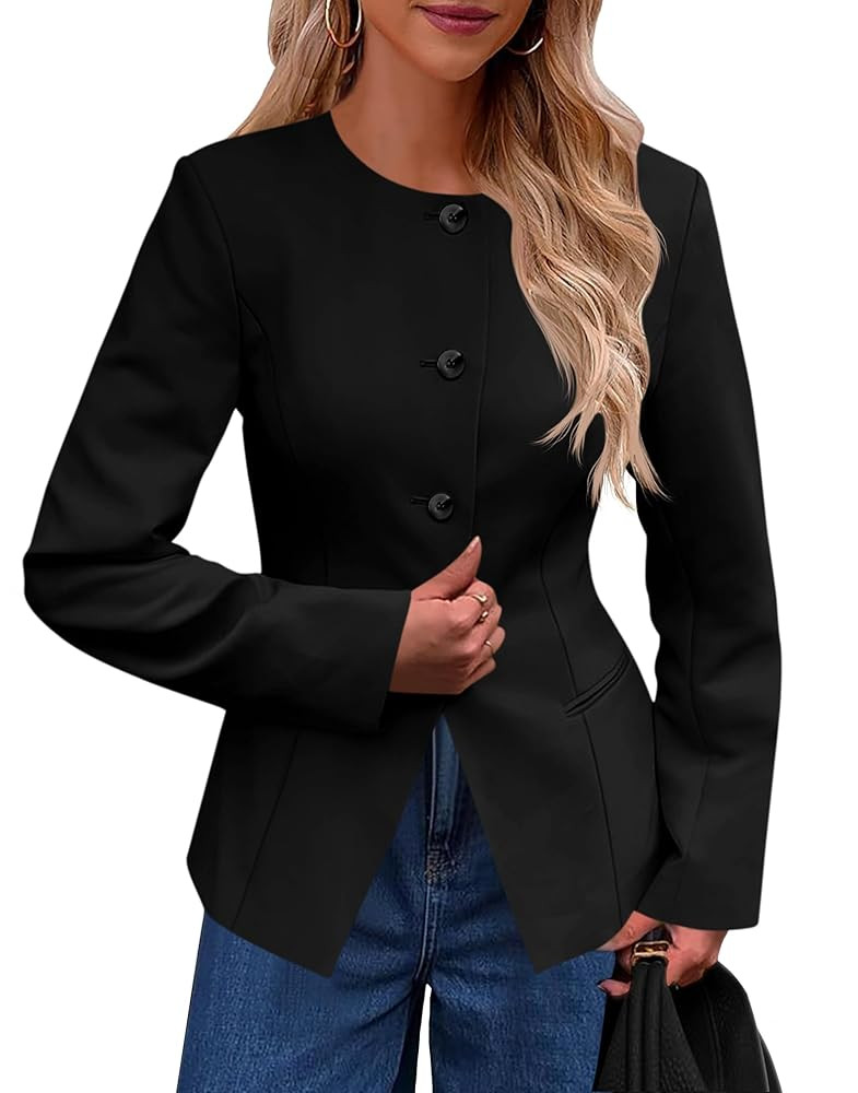 Cicy Bell Womens Business Casual Fitted Blazers Collarless Split Hem Work Office Button Down Suit... | Amazon (US)