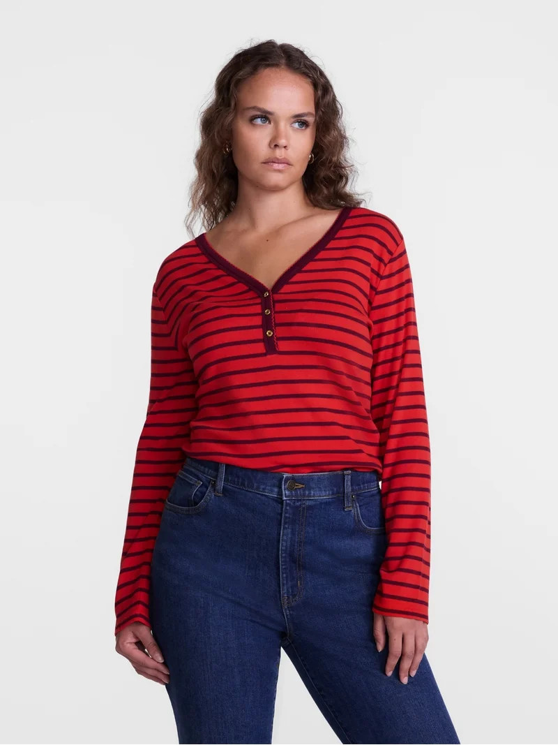 Scenario Women's and Women's Plus Striped Henley Shirt with Long Sleeves, Sizes XS-4X | Walmart (US)
