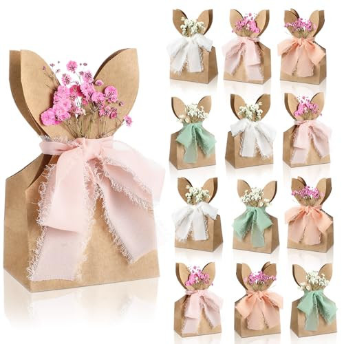 Affrolling 24 Set Boho Bow Easter Bunny Party Favor Bags DIY Bunny Gift Boxes with Neutral Bow Ribbon and Artificial Flowers Rustic Paper Rabbit Ears Treat Bags Bulk for Easter Farmhouse Spring | Amazon (US)