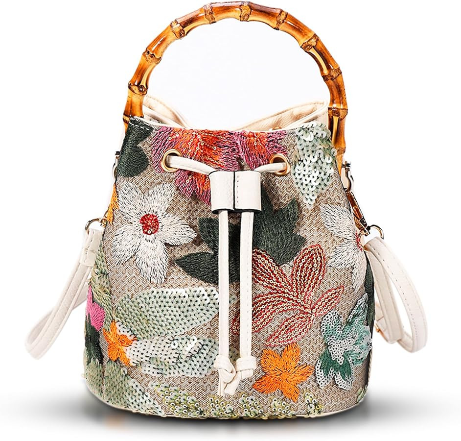 Crossbody Bags for Women, Beach Bag, Hand Embroidered Tot Bag, Natural Bamboo carry handle Bucket... | Amazon (US)