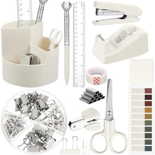 Marspark Office Desk Accessories 12 Pcs Office Supplies Set 360° Rotating Pen Holder, Stapler, Tape Dispenser, Scissor, Sticky Notes, Binder Clips, Desk Organizers Gift for School (Beige) | Amazon (US)