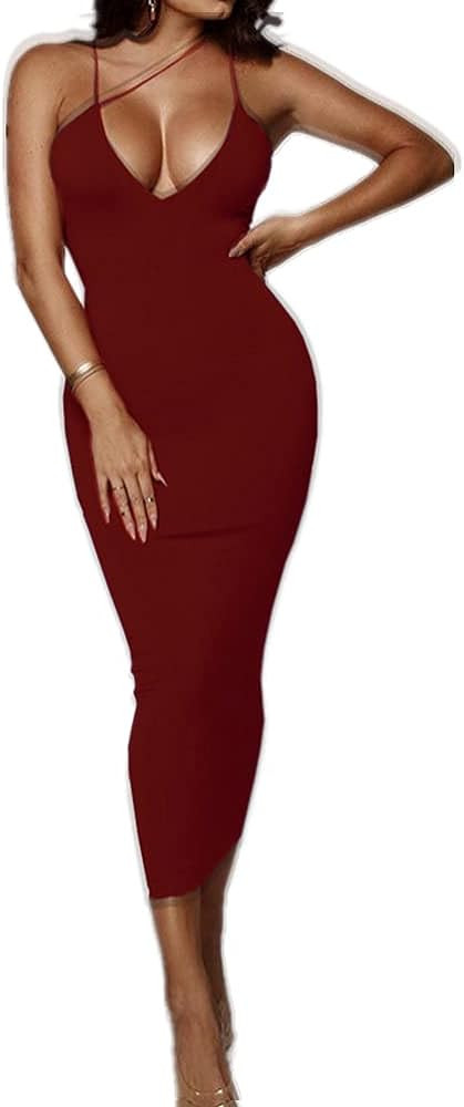 PRIMODA Women's Sexy Neon Asymmetrical Spaghetti Strap Dress Deep V-Neck Sleeveless Bodycon Midi ... | Amazon (US)