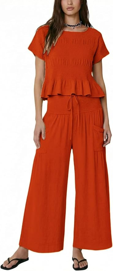 Womens 2-Piece Ruffle Smocked Lounge Set Short Sleeve Peplum Top Wide-Leg Pants with Pockets | Amazon (US)