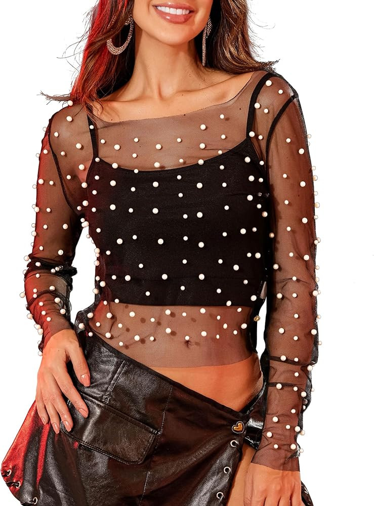 Women Pearl Top Sheer Mesh Crop Top Sexy See Through Cropped Blouse Shirt Clubwear Large,Black | Amazon (US)