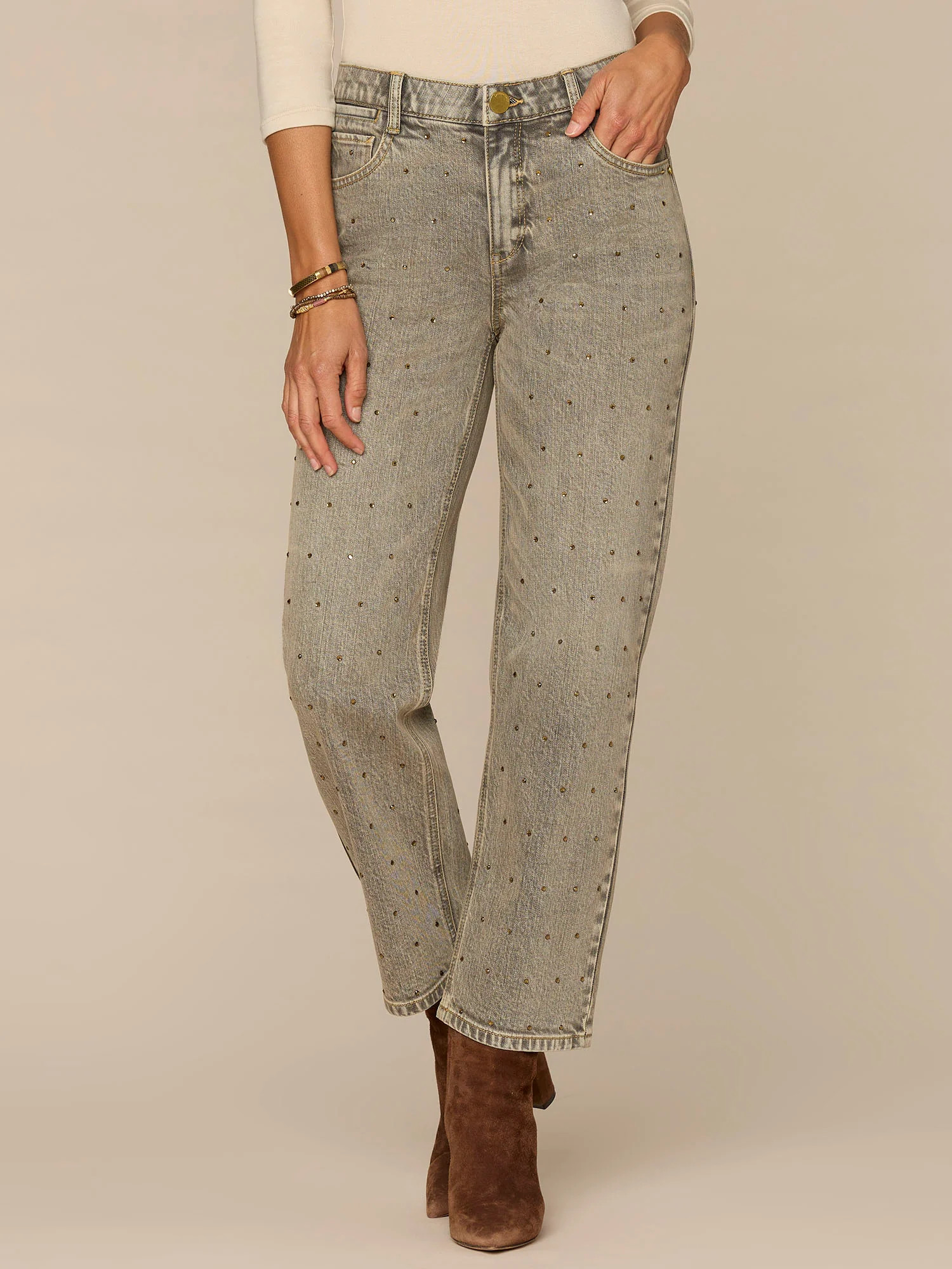"Ab"solution® High Rise Round Up Boyfriend Jeans with Rhinestones | Democracy Clothing