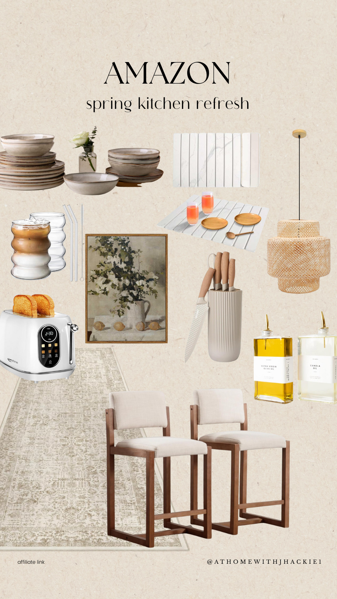Amazon spring kitchen decor, neutral kitchen decor, organic modern kitchen, amazon kitchen finds, kitchen refresh ideas, neutral dinnerware set, stoneware plates and bowls, marble cutting board, wood kitchen utensils, modern knife holder, oil and vinegar dispensers, glass drinkware, reusable glass straws, modern toaster, neutral kitchen rug, counter stools with wood legs, woven pendant light, kitchen wall art, minimalist kitchen accessories, warm neutral kitchen 

 

#LTKHome