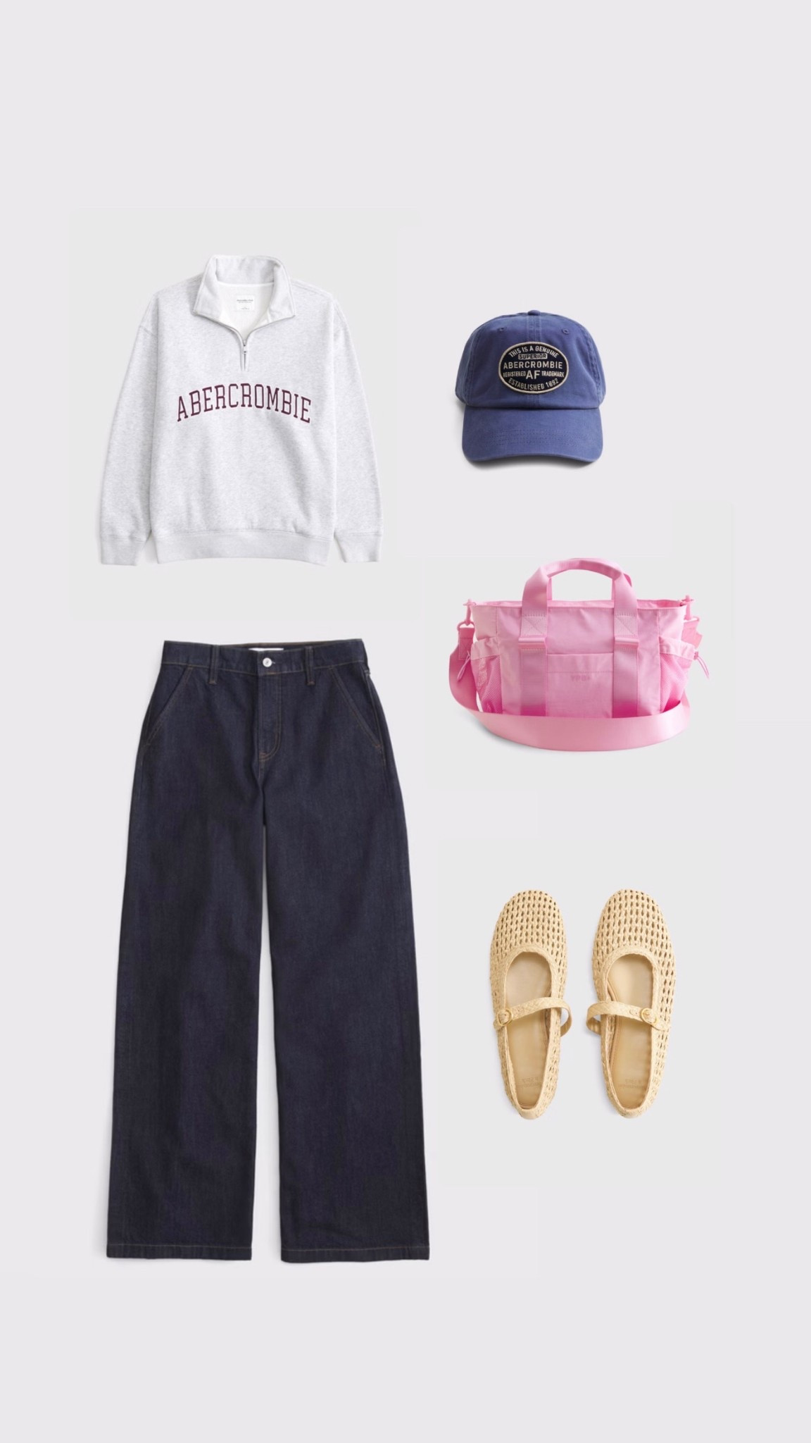 Effortless style meets ultimate comfort with these High Rise Wide Leg Trousers. I paired them with a cosy @abercrombie  quarter-zip sweatshirt for that perfect laid-back vibe, and added a classic cap to keep it casual-cool. The woven flats bring a subtle texture that complements the wide-leg silhouette and keeps things fresh. Top it off with a pop of playful pink in the bag,because who says sporty can’t be stylish? Perfect for weekend errands or casual meet-ups, this look is all about mixing comfort and chic. #LTKAbercrombieDenim #WideLegJeans #CasualCool

#LTKXAbercrombieDenim #LTKFashionMonth #LTKjeans