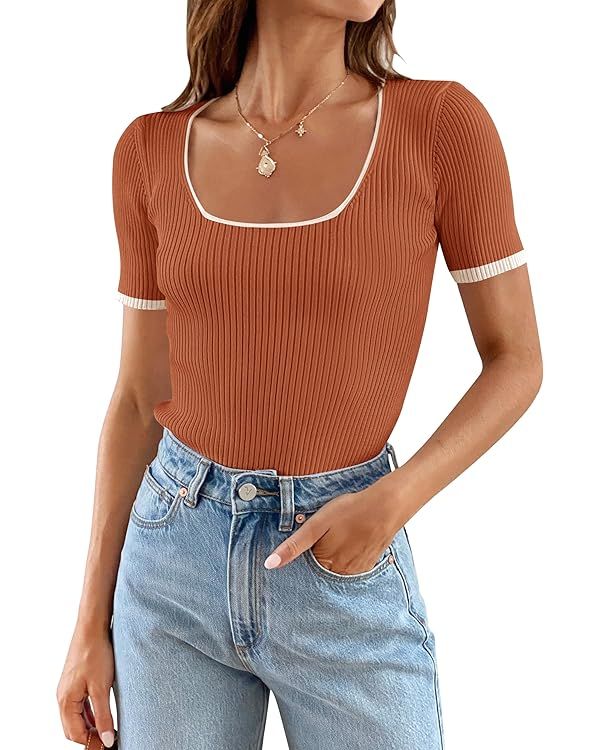 ZESICA Women's Short Sleeve Square Neck Color Block T Shirt 2024 Summer Slim Fit Ribbed Knit Basi... | Amazon (US)