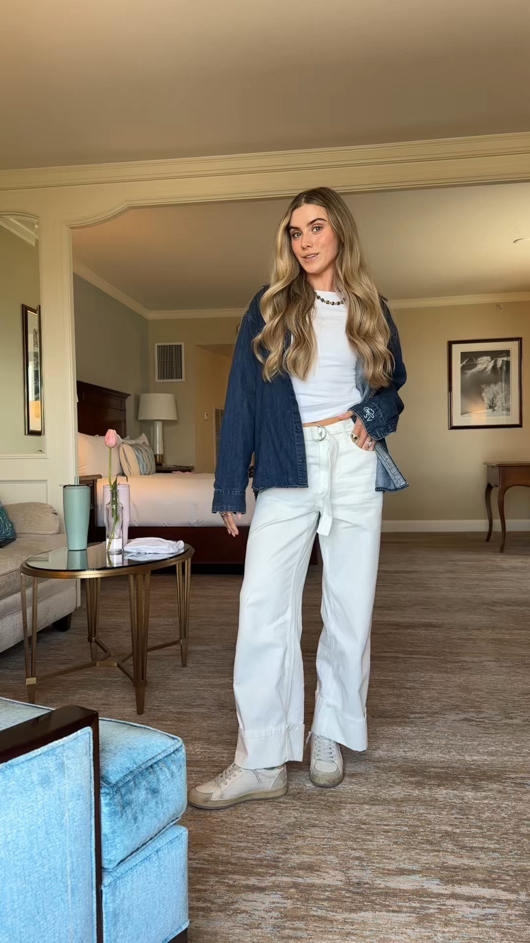 Airport outfit! Heading to Salt Lake City, Utah. My denim jeans are actually an Amazon find size 2 Tankaneo Womens Wide Leg Cuffed Jeans Trendy High Waisted Baggy Boyfriend Casual Denim Pants with Belted I paired it with my favorite white Cuts Tomboy Tee size xs (code SLOANEV). My denim top over the shoulders is @abercrombie    and my sneakers are from Shu shop  @malibeads 

#LTKTravel #LTKgrwm #LTKootd