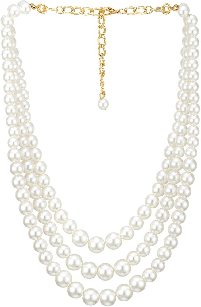 Three-strand Waterfall White Pearls Necklace Statement Necklace Beads Chains Layered, Dress Weddi... | Amazon (CA)