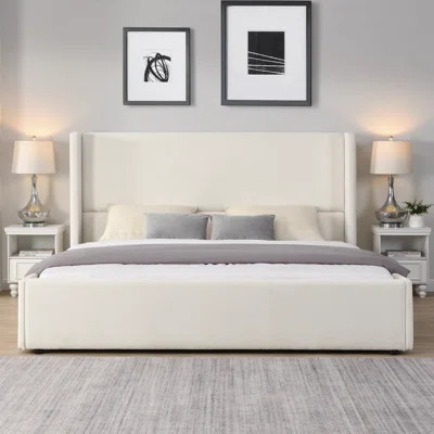 Elegant White Fabric Upholstered Bed with Tall Wingback Headboard – Modern Bedroom Furniture | Wayfair North America