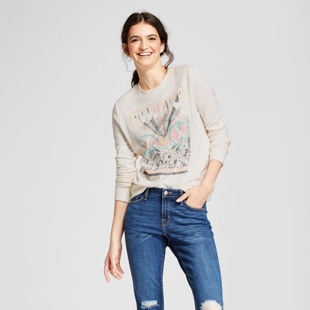 Women's Radio Days Woodstock Graphic Pullover Sweatshirt (Juniors') - Cream L, Beige | Target