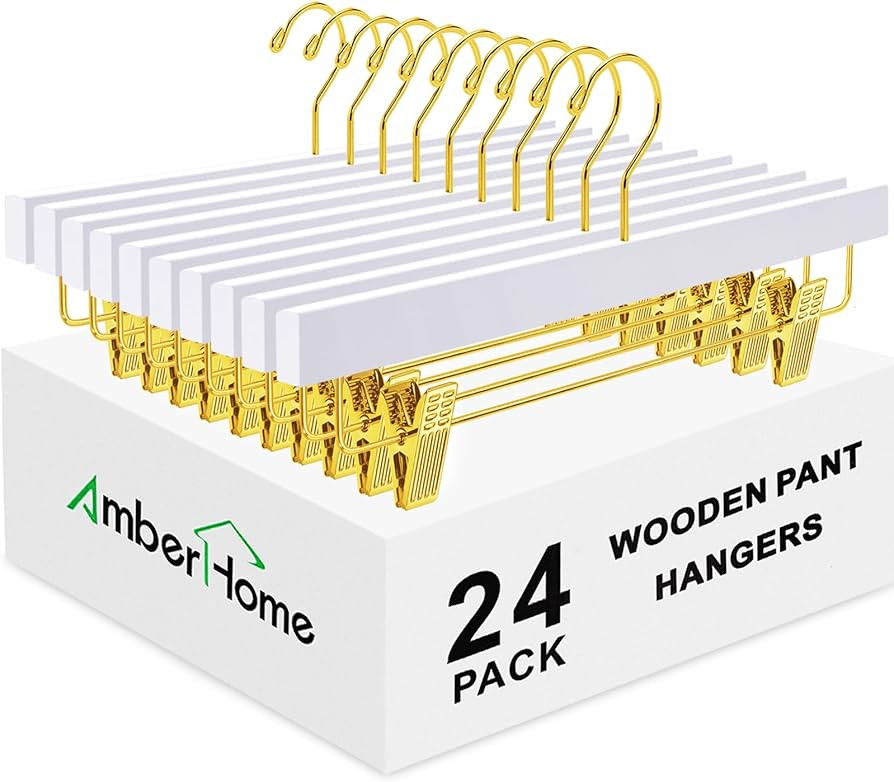 Amber Home 24 Pack White Wooden Pants Hangers with Gold Clips, Wood Skirt and Trouser Hangers for... | Amazon (US)