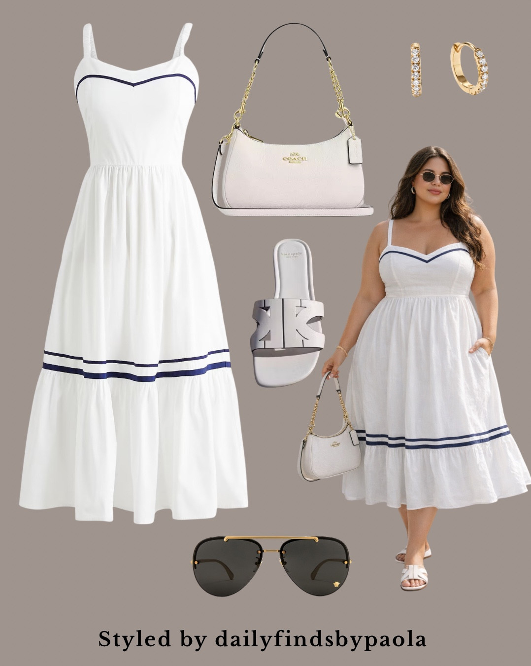 The perfect effortless summer outfit 🤍 This white midi dress with navy detailing is the ultimate chic, minimal look for warm weather. Styled with neutral slide sandals, a classic shoulder bag, gold huggie earrings, and timeless sunglasses—this outfit gives elevated, put-together energy without trying too hard. Perfect for brunch, vacation, or everyday summer style.

Shop the look below 🤍

#LTKU #LTKPlusSize #LTKSeasonal