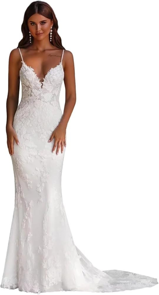Wchecalino Lace Applique Wedding Dresses for Bride Spaghetti Straps Mermaid Tulle Long Boho Brida... | Amazon (US)