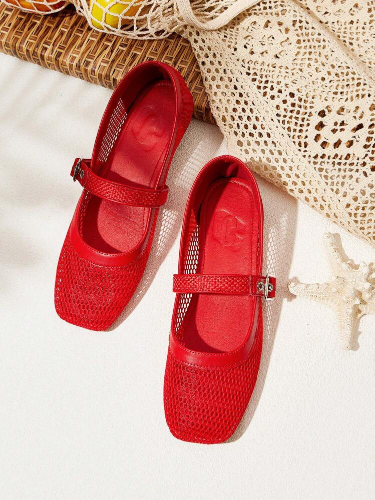 Styleloop Women's Outdoor Round Toe Flat Red Woven Mesh Fabric Fashion Minimalist Comfortable Breathable Hook & Loop Casual Flat Shoes | SHEIN