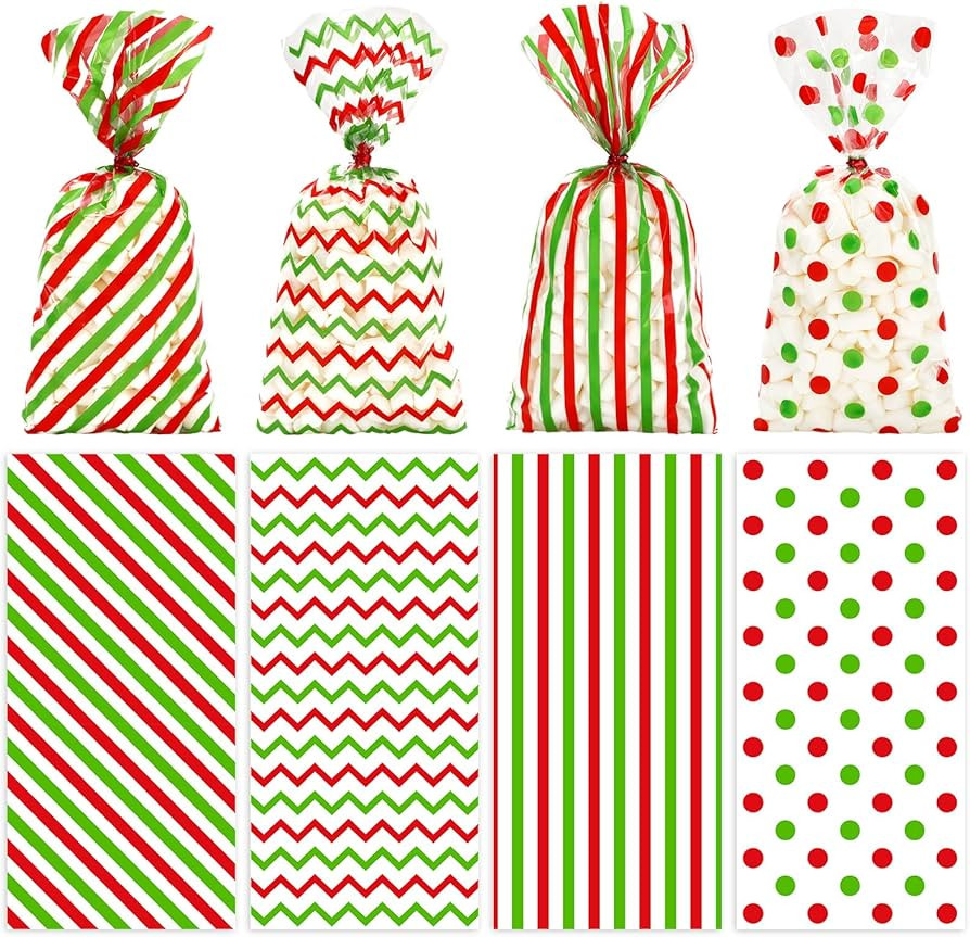 Whaline 160Pcs Christmas Cellophane Treat Bags Red Green Stripe Wave Dot Plastic Gift Bags Candy ... | Amazon (US)