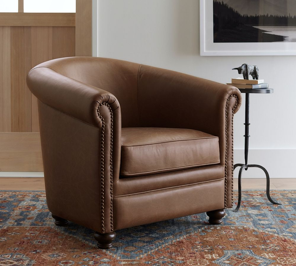 Cyrus Roll Arm Barrel Back Leather Armchair | Pottery Barn (US)
