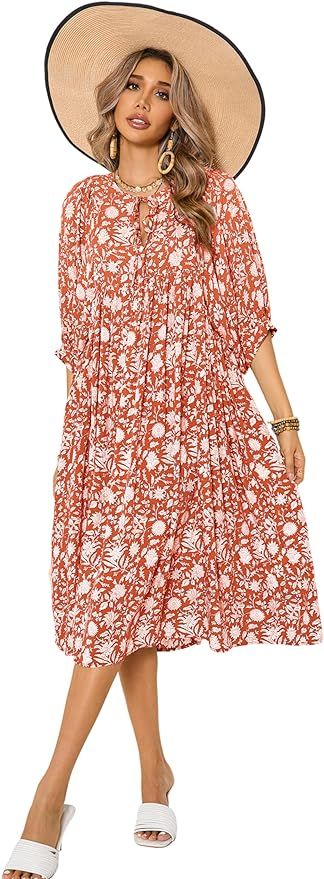 R.Vivimos Womens Summer Casual Midi Dress Lantern Sleeve Tie V Neck Boho Floral Print Loose Fit F... | Amazon (US)