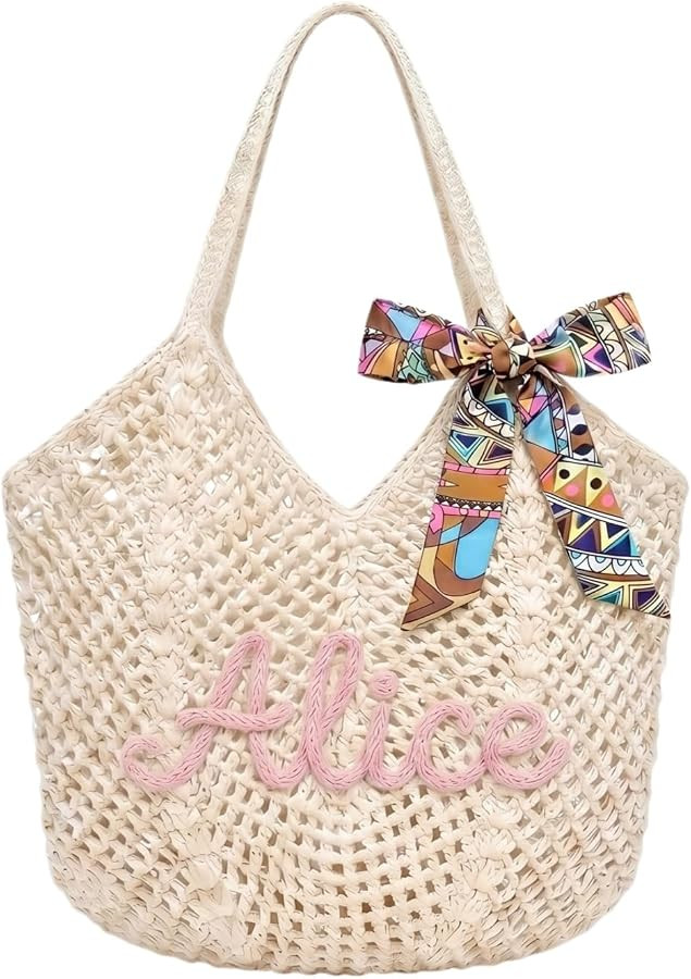 Personalized Beach Bag Custom Name Mesh Straw Tote Womens Summer Woven Bag | Amazon (US)