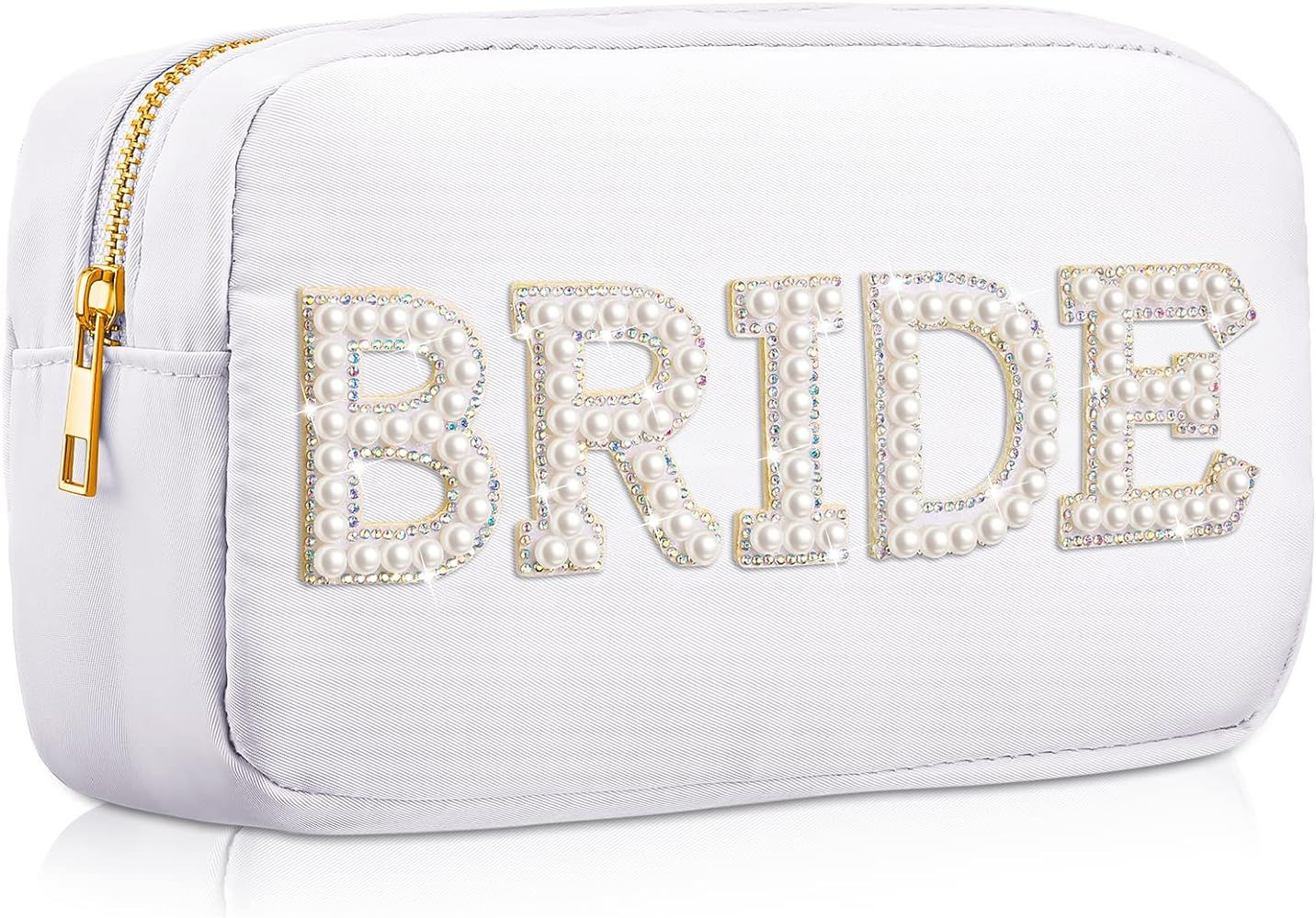 Hillban Nylon Bride Makeup Bag Cosmetic Travel Toiletry Bag Large Engagement Gift Bag Pearl Rhine... | Amazon (US)