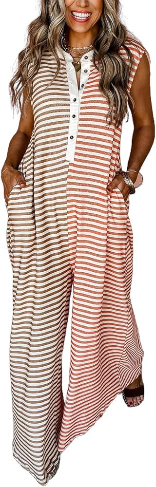 HOULENGS Women's Casual Striped Sleeveless Jumpsuit Wide Leg Flowy Rompers Button Baggy One Piece... | Amazon (US)