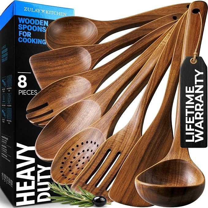 Zulay Kitchen Premium 8-Piece Wooden Spoons - Smooth Finish, Natural Teak Wood, Non-Stick, Handma... | Amazon (US)