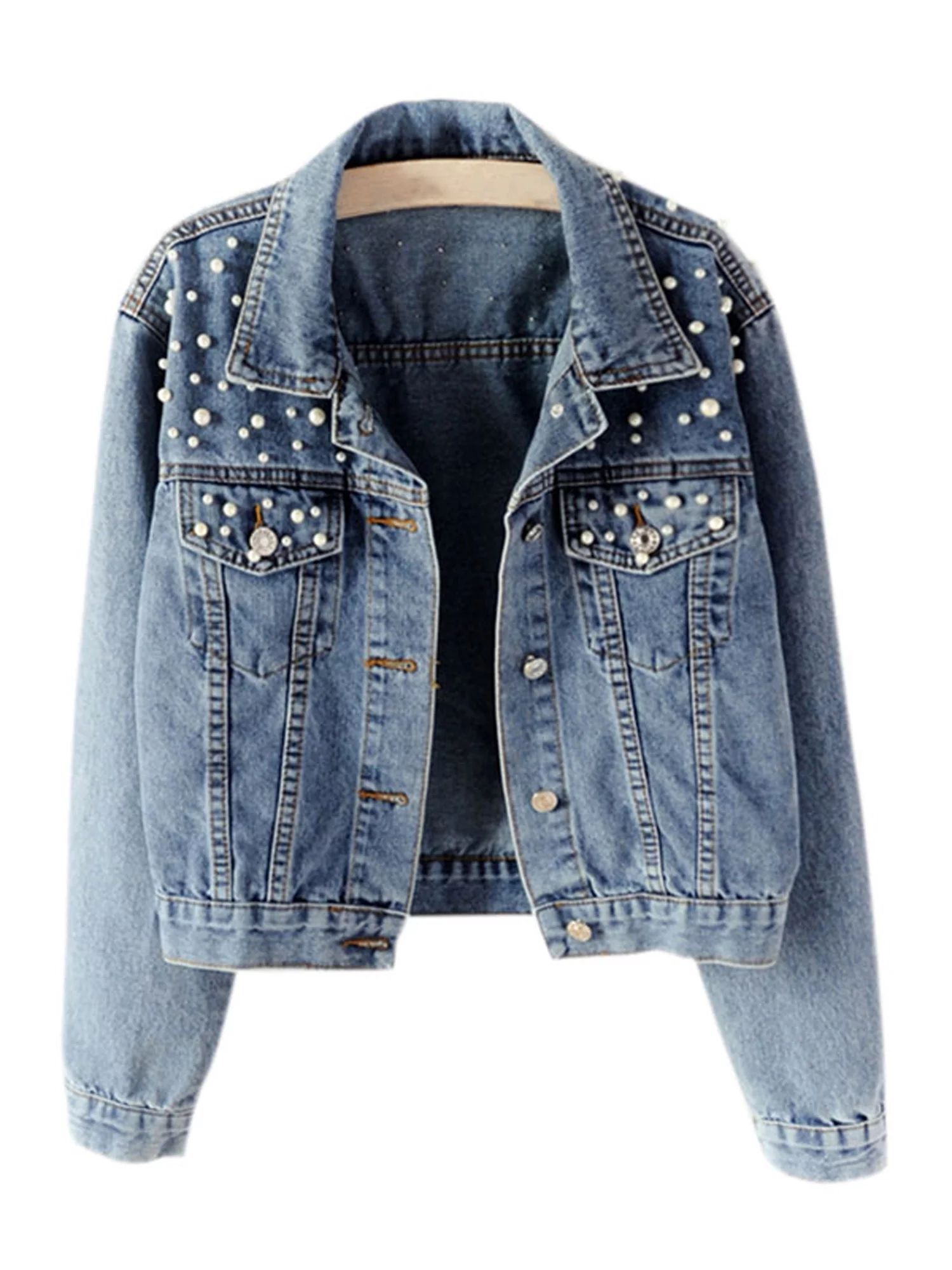 Plus Size Women's Pearl Denim Jacket Loose Fit Casual Biker Jeans Coat Outerwear | Walmart (US)
