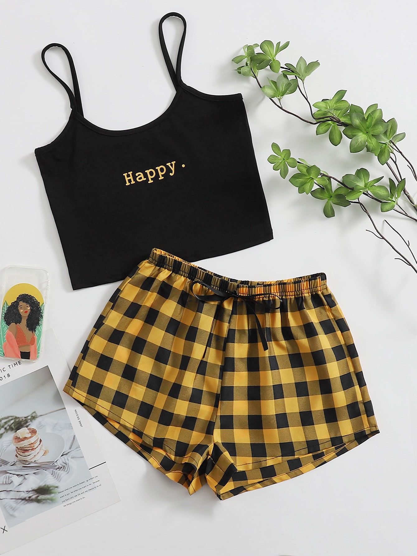 Happy Graphic Cami Top & Gingham Shorts PJ Set | SHEIN