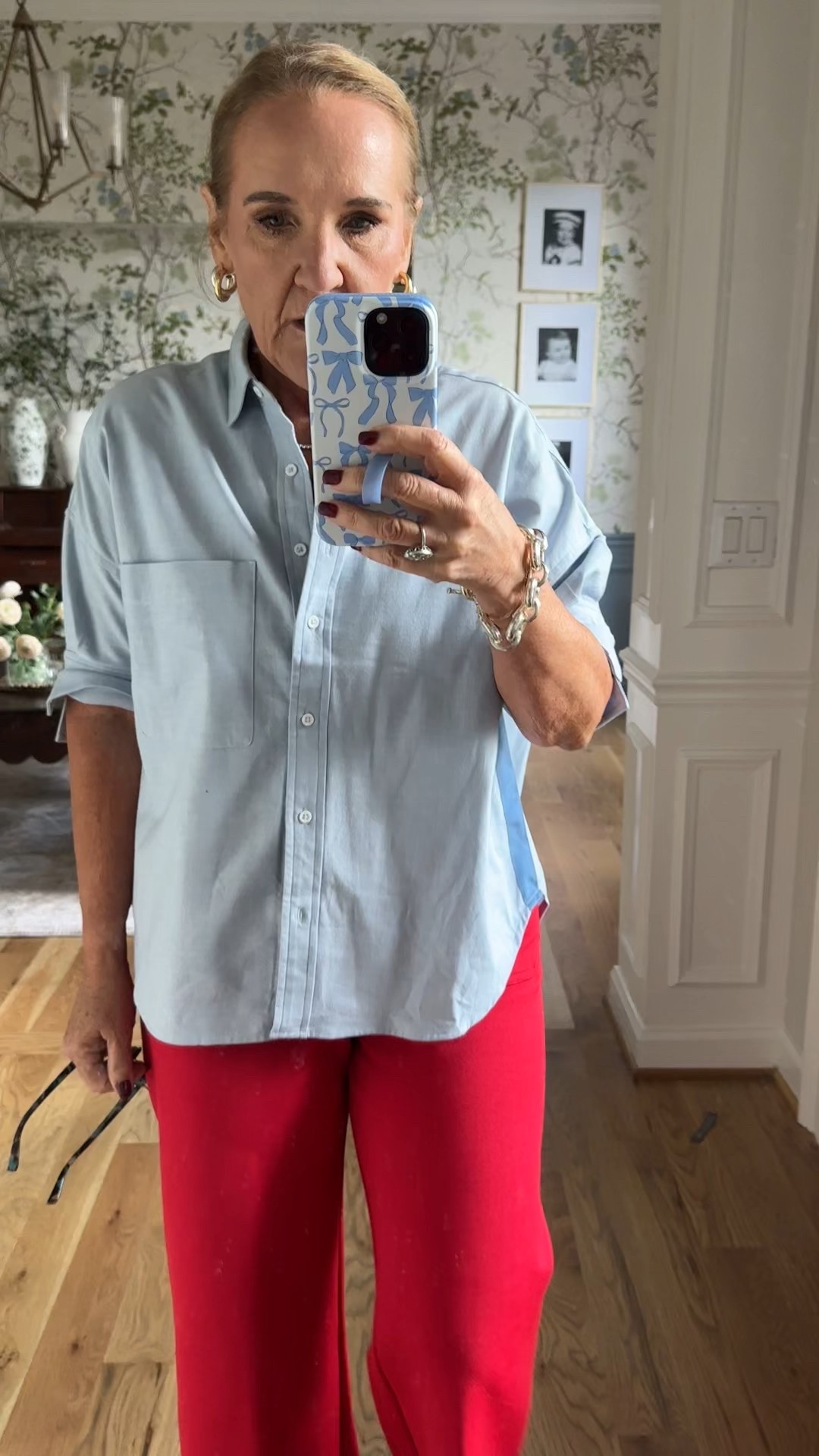 Anthro blouse size small
Red Collette pants size 29 petite 
My Evo drills are sold out, but I’ll link a few pair that are similar and fall shoes that would work 
Business casual work from home red pants blue oxford Anthropologie 


#LTKSeasonal #LTKOver40 #LTKPetite