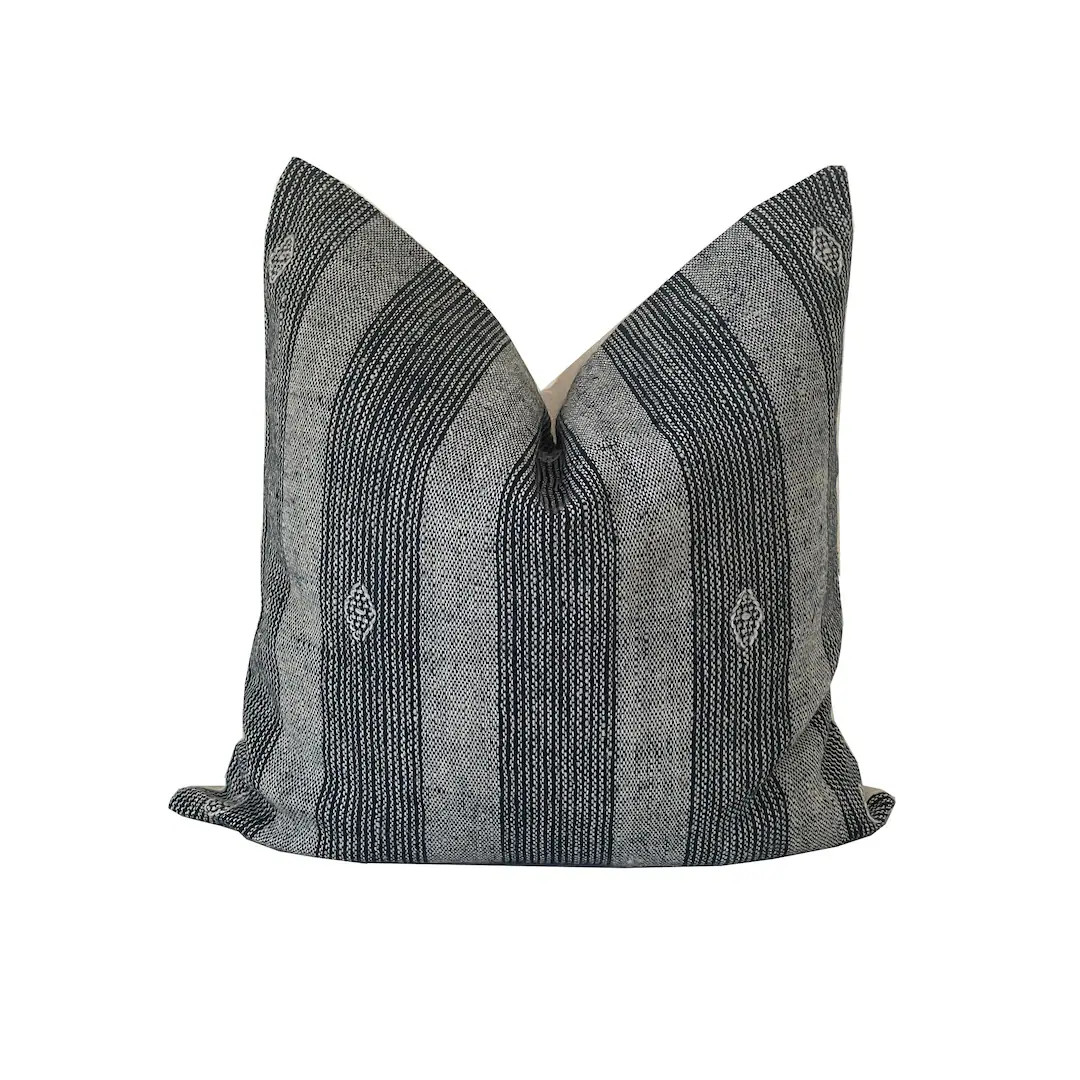 Navy Blue and Gray Stripe Woven Wool Pillow Cover - Etsy | Etsy (US)