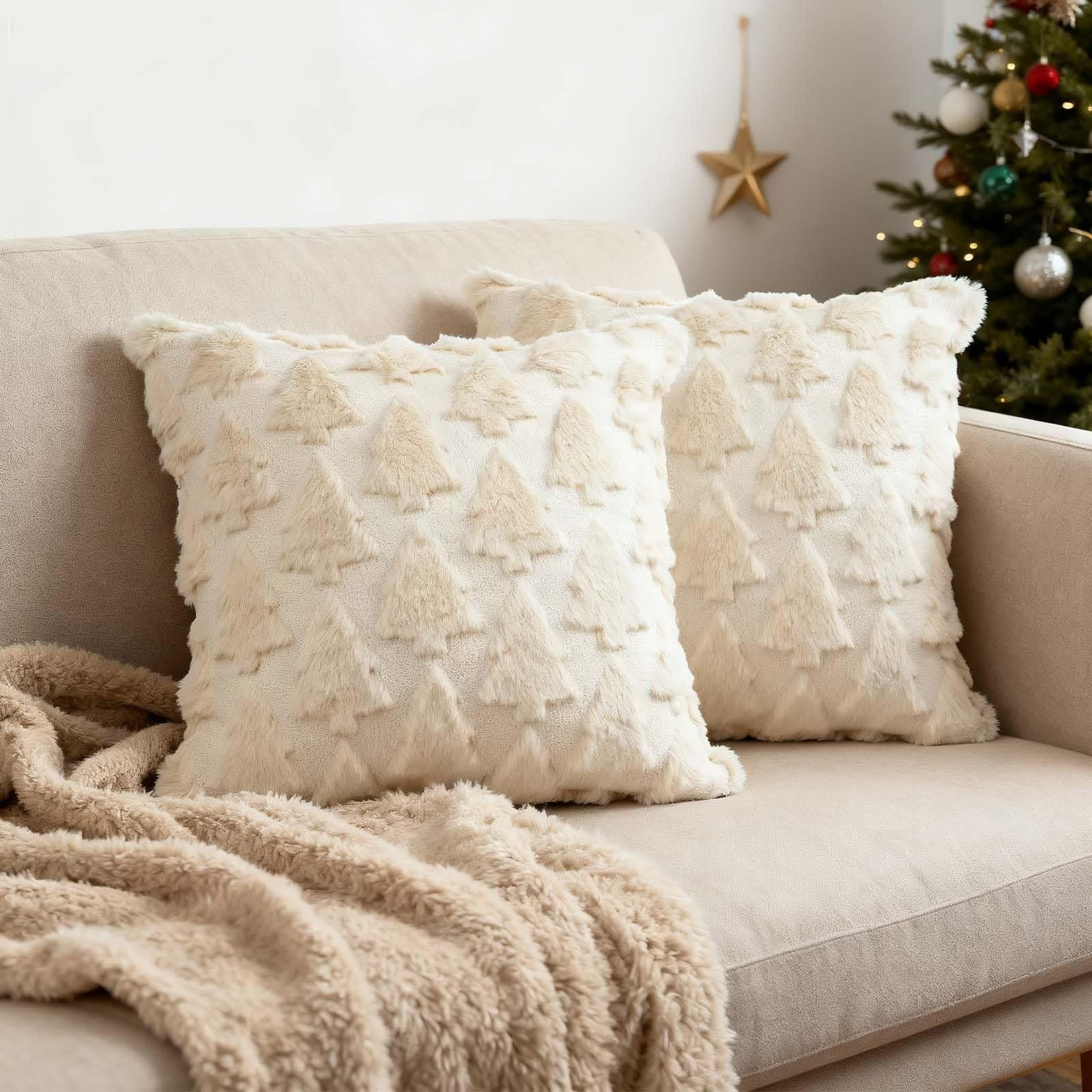 Justincity Christmas Pillow Covers Set Soft Plush Faux Fur Wool Beige Tree Design Winter Holiday Decor for Sofa or Bed 18 x 18 Inches Set of 2 | Lowe's