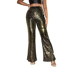 YHYJMY Womens Sequin Bell Bottom Pants Sparkle Elastic Loose Flare Glitter Bling High Waist Shiny Wi | Amazon (US)