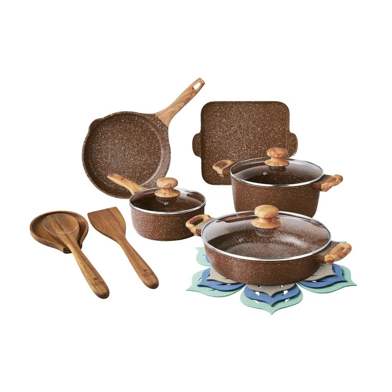 The Pioneer Woman Prairie Signature 14-Piece Cast Aluminum Cookware Set, Brown Speckle | Walmart (US)