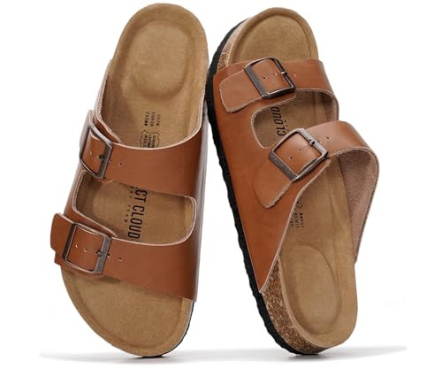 Project Cloud 100% Genuine Leather Flat Sandals For Women 2026 Cork Footbed Womens Sandals with Memory Foam and arch support Vacation Essentials Slides for Women Footwear (Venita, Cognac, 6.5) | Amazon (US)