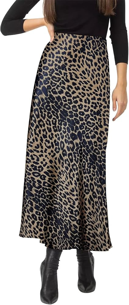 Women's Satin Silky High Waist Maxi Skirt Elegant Elastic Waistband A Line Long Skirts | Amazon (US)