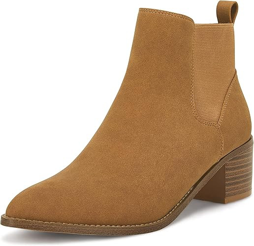 Womens Pointed Toe Ankle Boots Chunky Block Stacked Mid Heel Side Zipper Elastic Comfort Winter B... | Amazon (US)