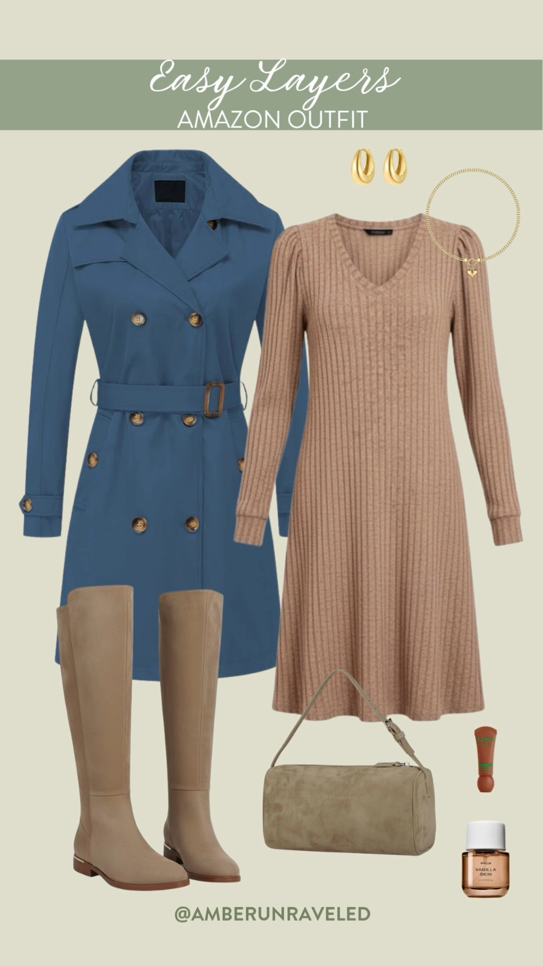 Chic and cozy is the mood! Obsessed with how this blue trench coat layers perfectly over the ribbed knit dress. Finish the look with tall beige boots and simple gold jewelry for effortless elegance on the go! 

amazon fashion, affordable style, layered looks, seasonal outfit, transitional wear, classic style, capsule wardrobe, neutral aesthetic

#LTKU #LTKSeasonal #LTKFindsUnder50