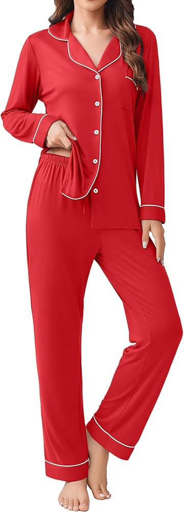 Ekouaer Womens Pajamas Set 2 Piece Button Down Pjs Soft Long Sleeve Top and Pants Sleepwear Set L... | Amazon (US)
