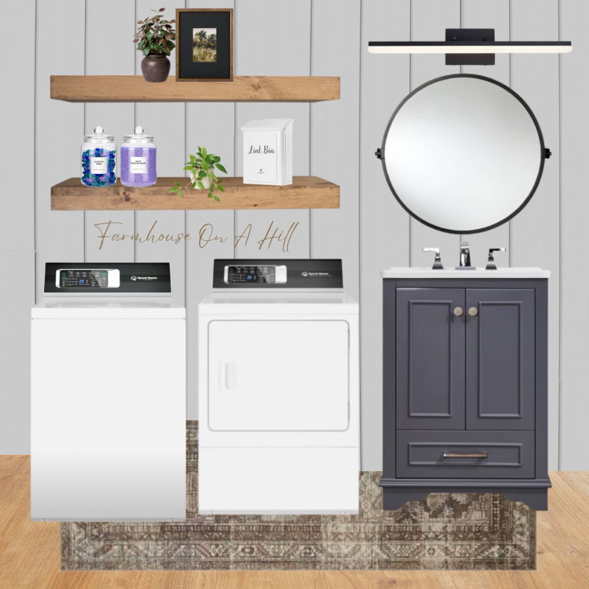  Laundry Room Goals! 🏡✨ Transform your space with this chic farmhouse look featuring open wood shelving, a sleek vanity with a round mirror, and modern washer/dryer units. Perfect blend of rustic and modern decor! #LaundryRoomMakeover #FarmhouseStyle #HomeDecor #ModernFarmhouse #WasherAndDryer #OrganizedLiving

#LTKHome