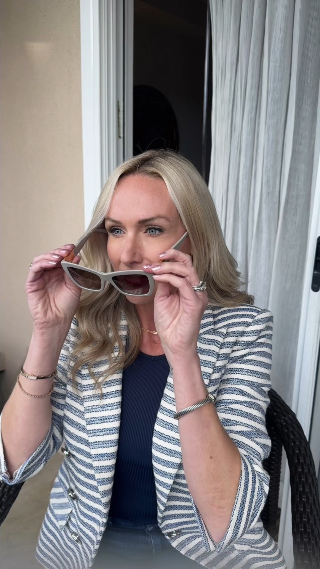 Jimmy Choo Sunglasses = instant outfit upgrade. These oversized neutral sunnies are giving major glam energy. Perfect for travel, poolside or business lunch.

#JimmyChoo #FrameFriday #LTKstyle #SunglassesSeason #LuxuryEyewear #Over40Style 
L’Agence blazer
L’Agence denim
White House black market fitted high neck tank 

#LTKOver40 #LTKWorkwear #LTKSummerEdit