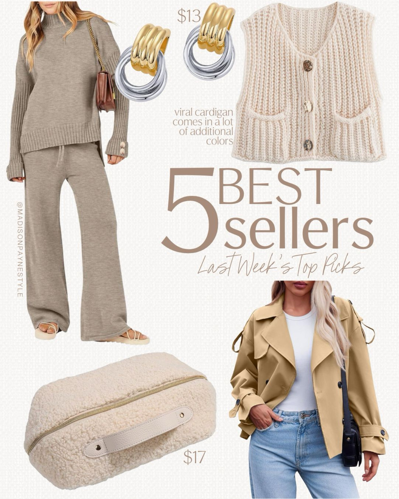 Last week’s best sellers were all Amazon 🥰 they include a 2-piece sweater set, a pair of vintage style earrings (currently trending), a viral knit cardigan (comes in a lot of additional colors), a faux Sherpa toiletry bag, and a trendy cropped trench you will want for fall 🍂

Amazon, amazon best sellers, 2 piece set, sweater set, amazon 2 piece set, amazon sweater, cardigan, amazon cardigan, viral cardigan, toilet bag, travel, amazon travel, trench coat, amazon trench, cropped trench coat, amazon cropped trench coat, amazon coat, amazon jacket, Madison Payne 

#LTKStyleTip #LTKSeasonal #LTKFindsUnder50