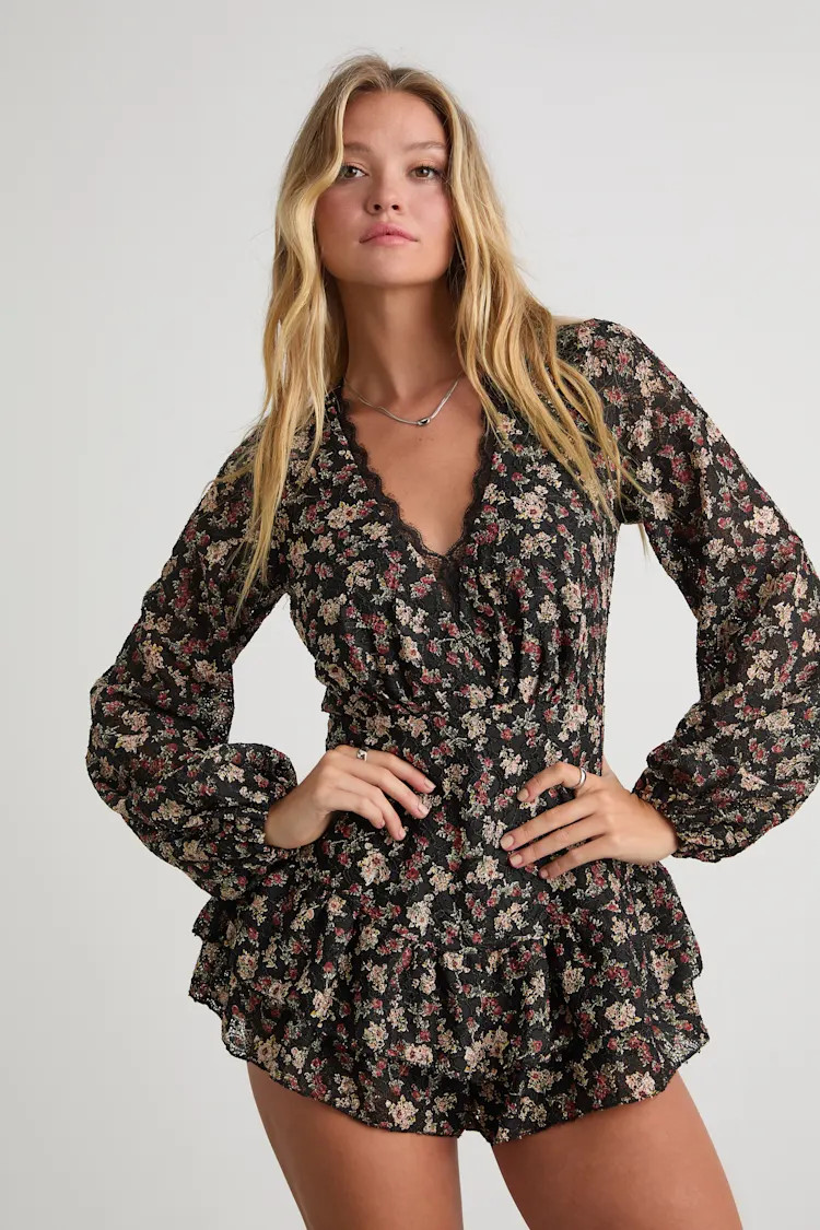 Undeniable Delight Black Floral Lace Ruffled Long Sleeve Romper | Lulus
